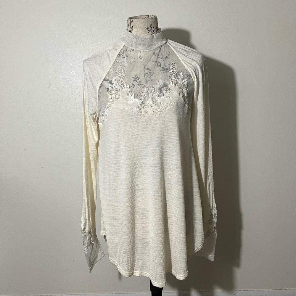Free People Saheli Embroidered Lace Mesh Ivory Cream Top Blouse M